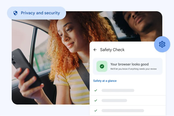 A woman looks at her phone. Elements say “Privacy and Security” with an alert about compromised passwords.